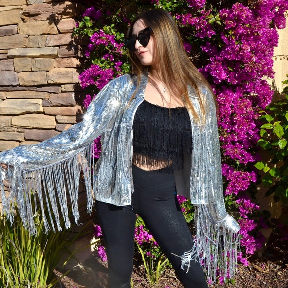 Silver Sequin Fringe Jacket, Country Concert Outfit, Mrs. Bride Wedding Jacket - Picture 2 of 7